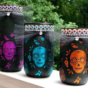 Los tres muertos lighted jars set, lighted jars, lighted bottles, jar lights, sugar skull jars, lighted sugar skull jars