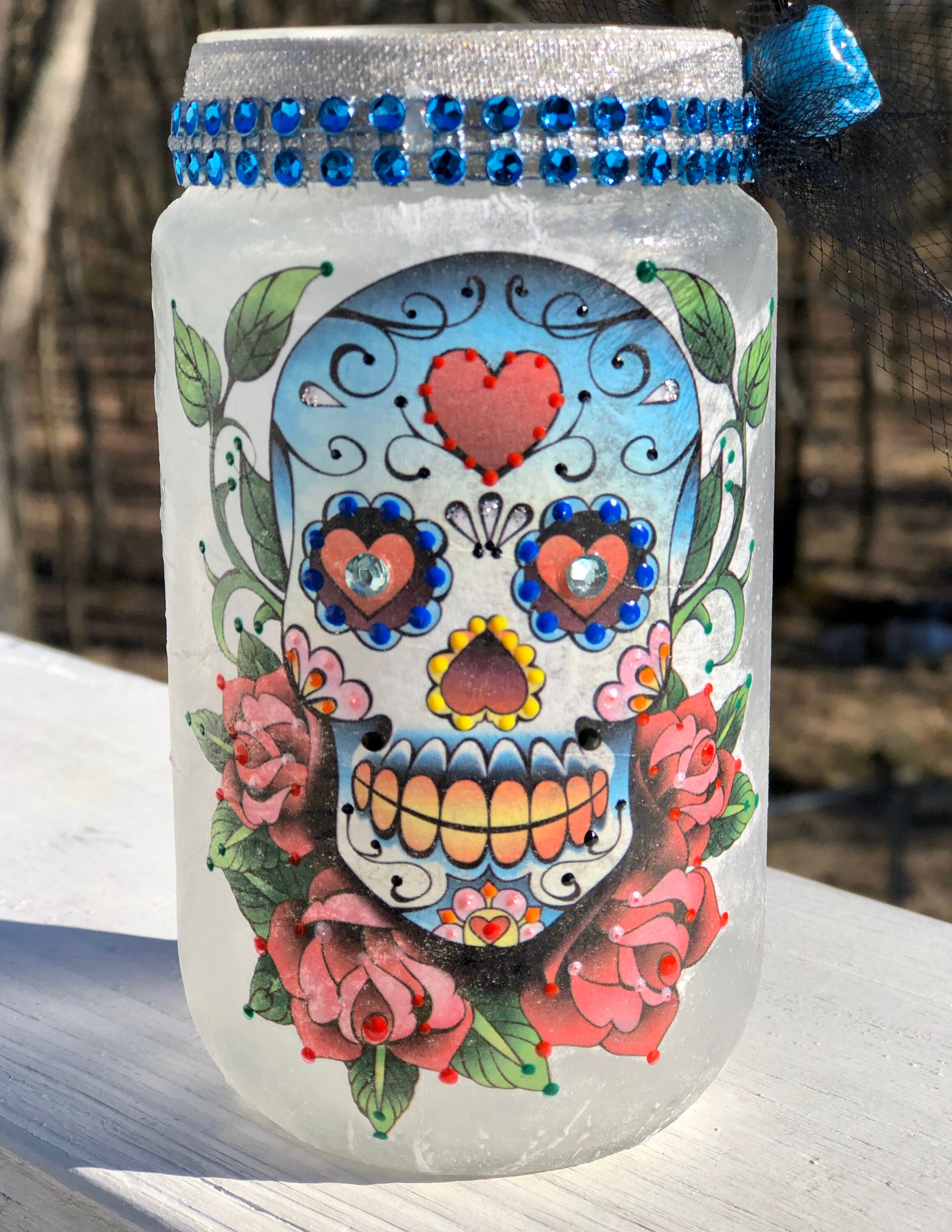 Baby blue eyed lighted sugar skull jar, sugar skull jars, lighted jars