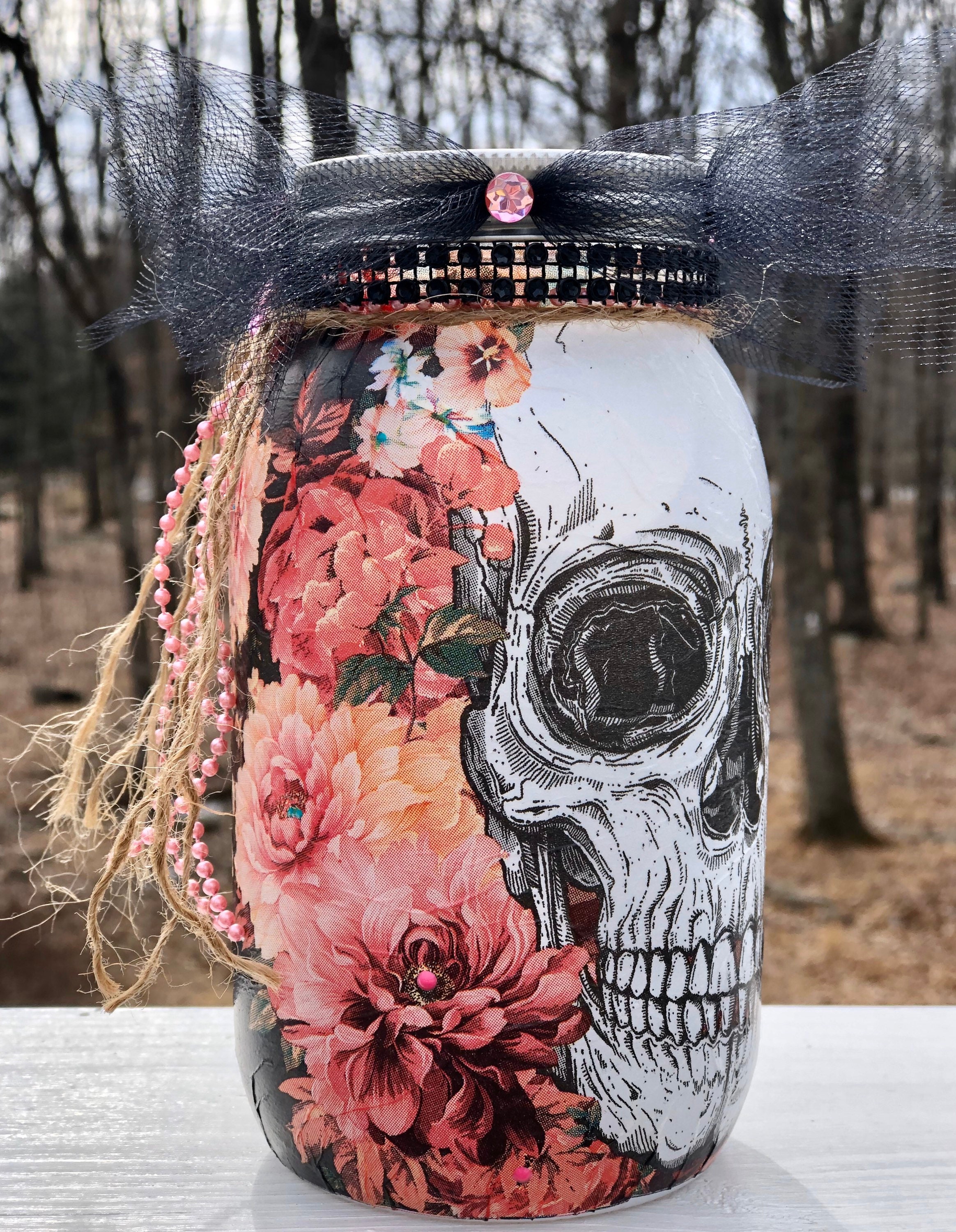 Shabby chic lighted skull jar, lighted jars, lighted bottles, jar