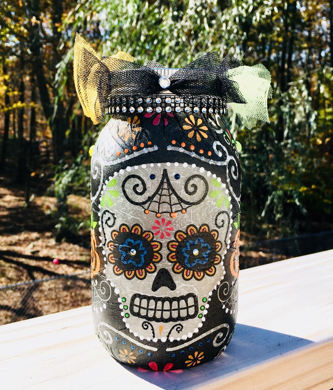 Sugar skull jar, lighted jars, day of the dead jar, lighted bottles