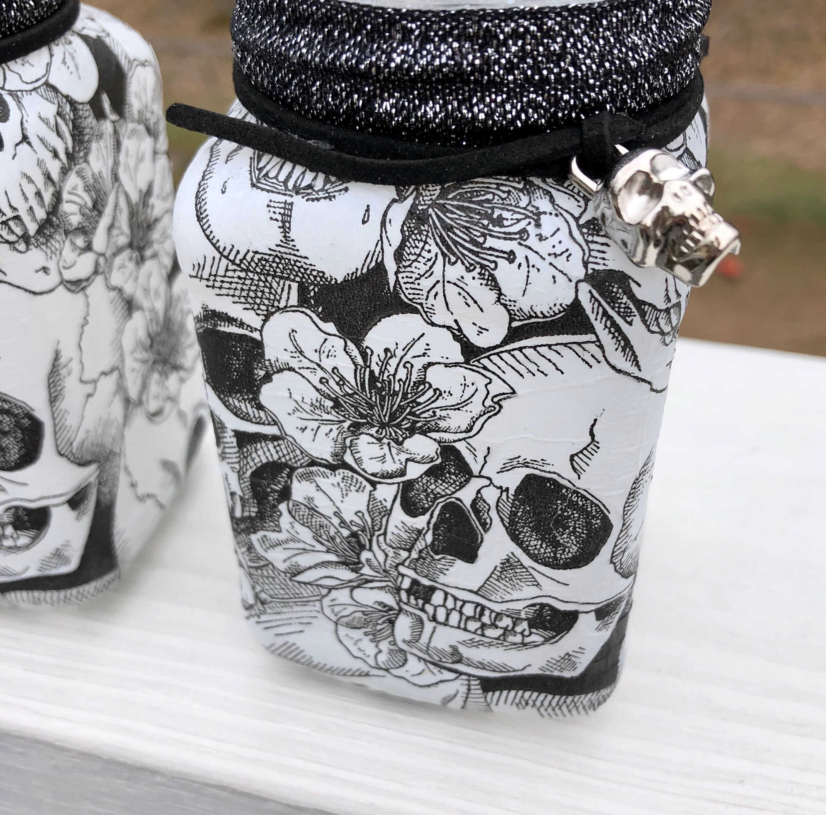 Black and white lighted skull jar set, sugar skull jars, lighted jars