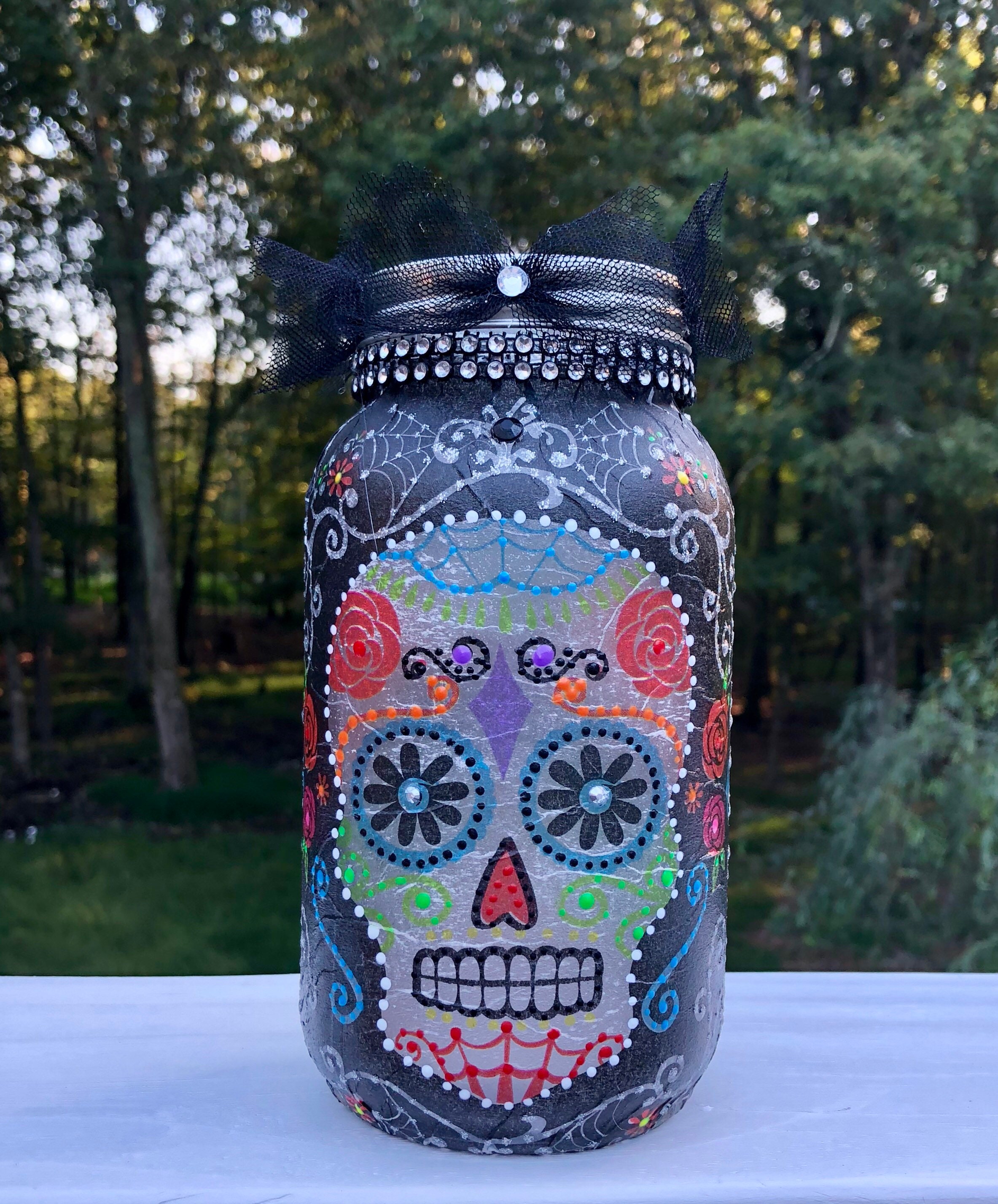 Sugar skull jar, lighted jars, day of the dead jar, lighted bottles