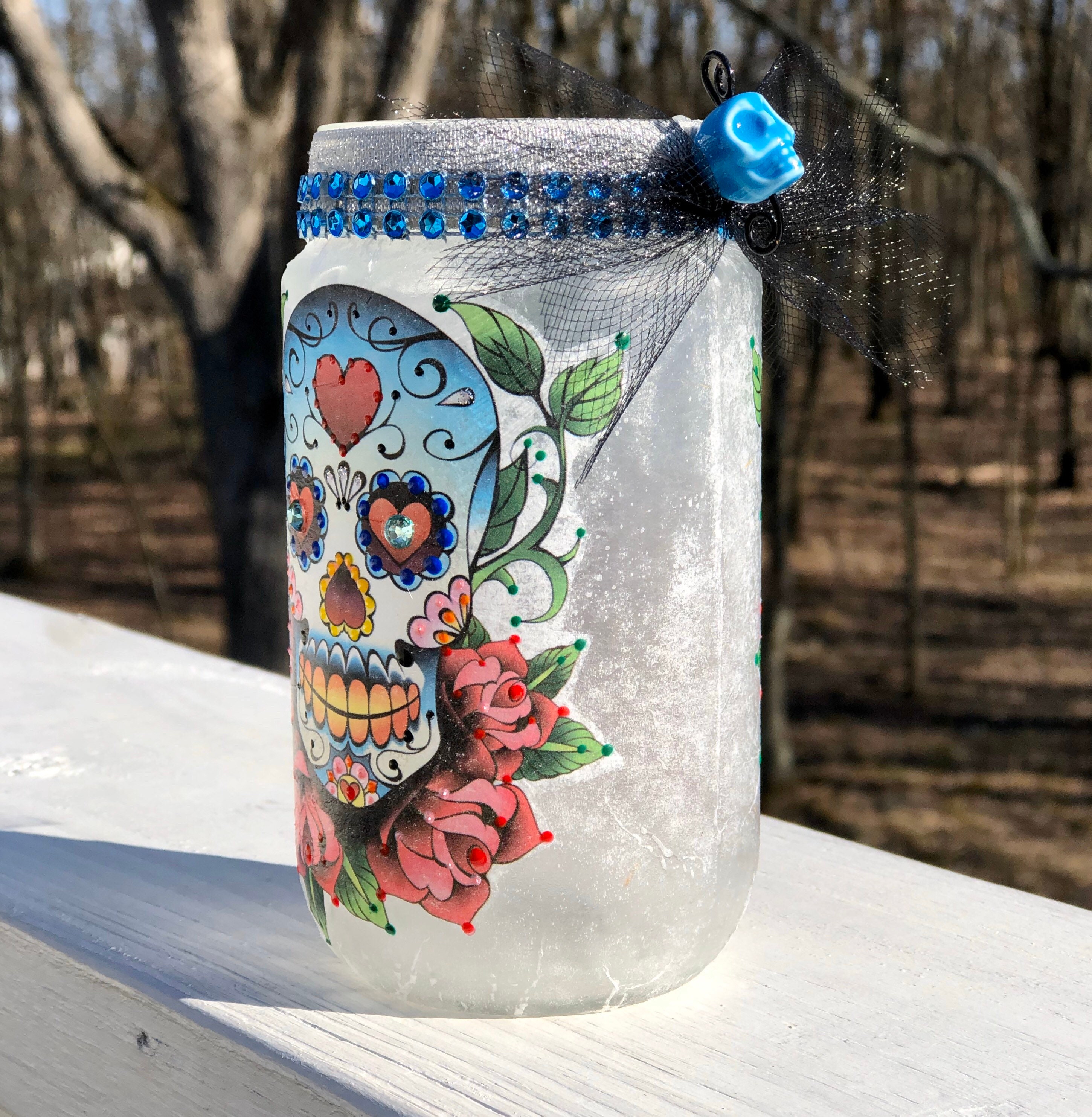 Baby blue eyed lighted sugar skull jar, sugar skull jars, lighted jars
