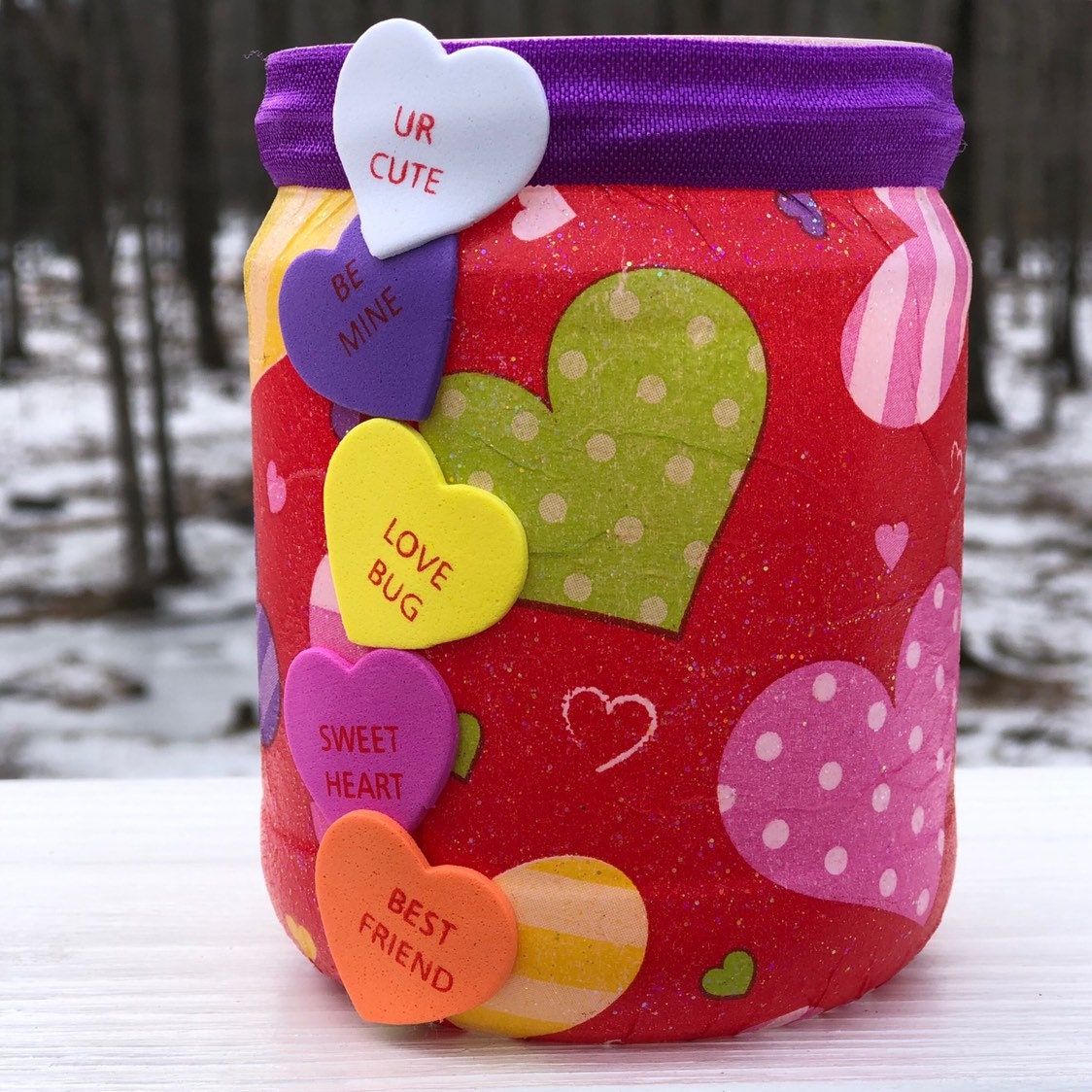 Candy heart lighted jar, lighted jars, lighted bottles, jar lights, valentines jars, lighted