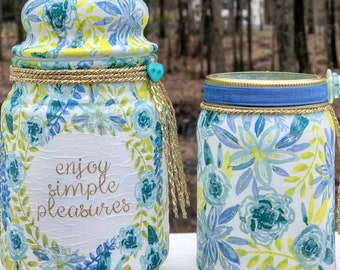 Enjoy simple pleasures lighted jar set, lighted jars, lighted bottles, jar lights, blue floral jars, floral decor lighted jars, jar decor