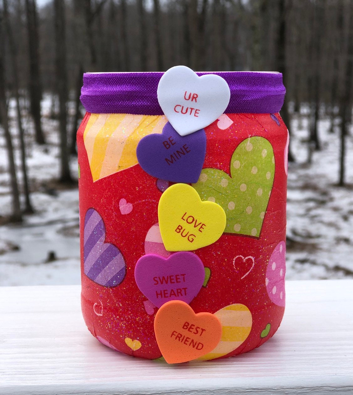Candy heart lighted jar, lighted jars, lighted bottles, jar lights