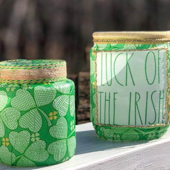 Rae Dunn inspired luck of the Irish lighted jar set, lighted jars, lighted bottles, jar lights, st patricks jars, green jars