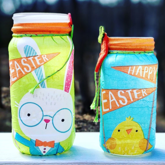 Happy Easter banner lighted jar set, lighted jars, lighted bottles, jar lights, Easter jars, Easter decor