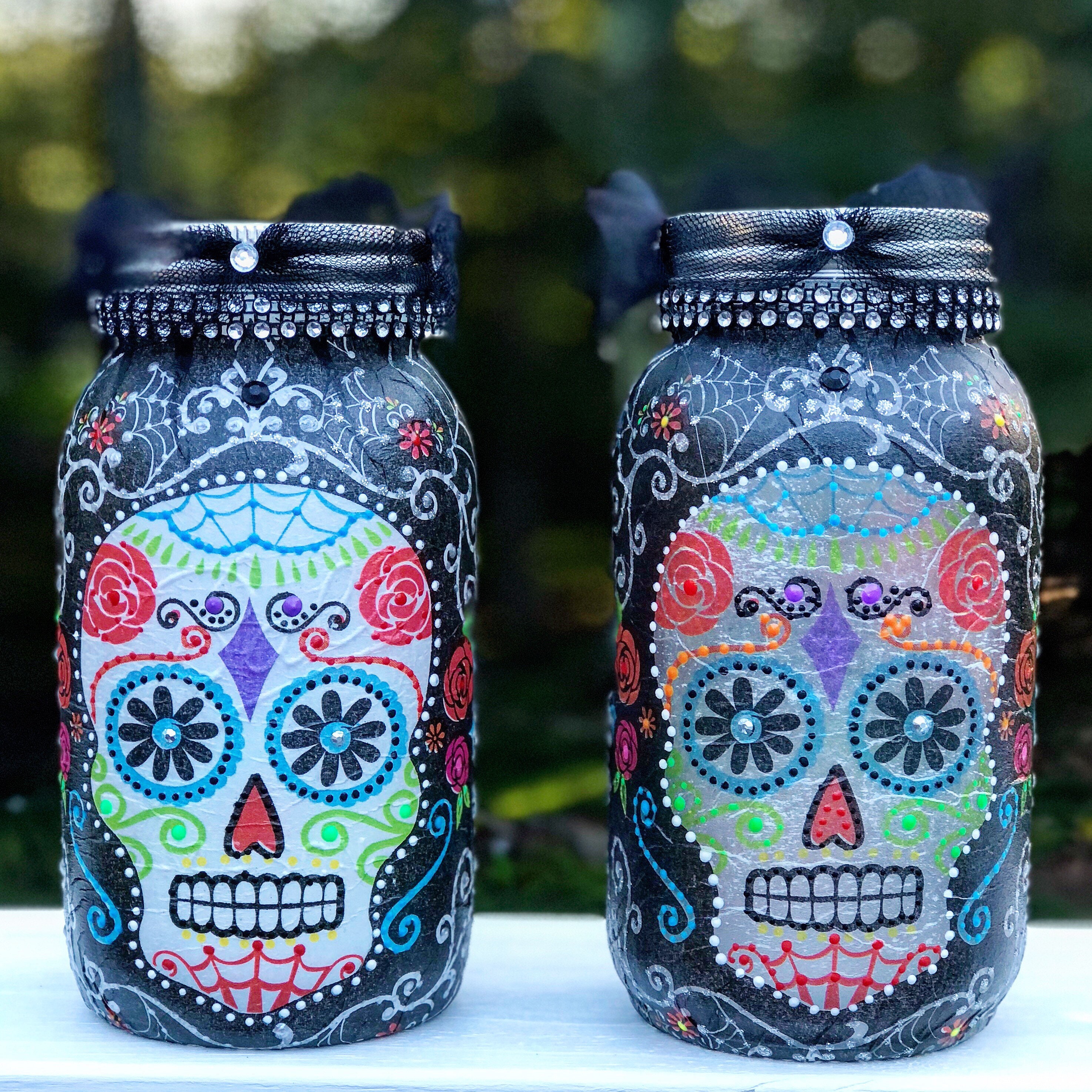 Sugar skull jar, lighted jars, day of the dead jar, lighted bottles