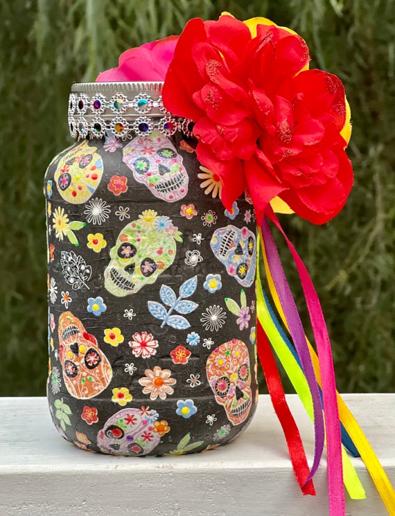 Lighted sugar skull jar, sugar skull decor, day of the dead jar, dia de los muertos jar,lighted jars