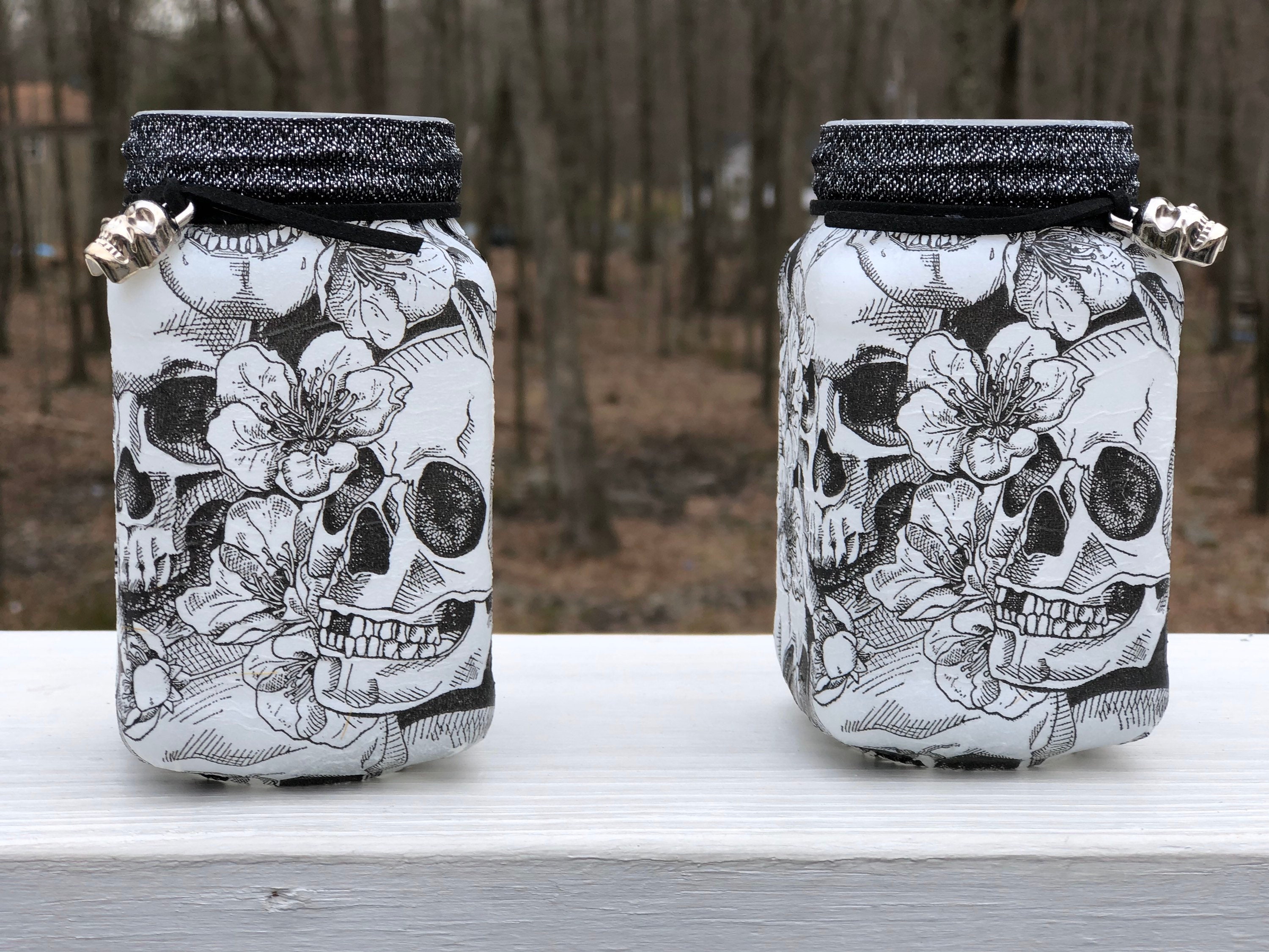 Black and white lighted skull jar set, sugar skull jars, lighted jars