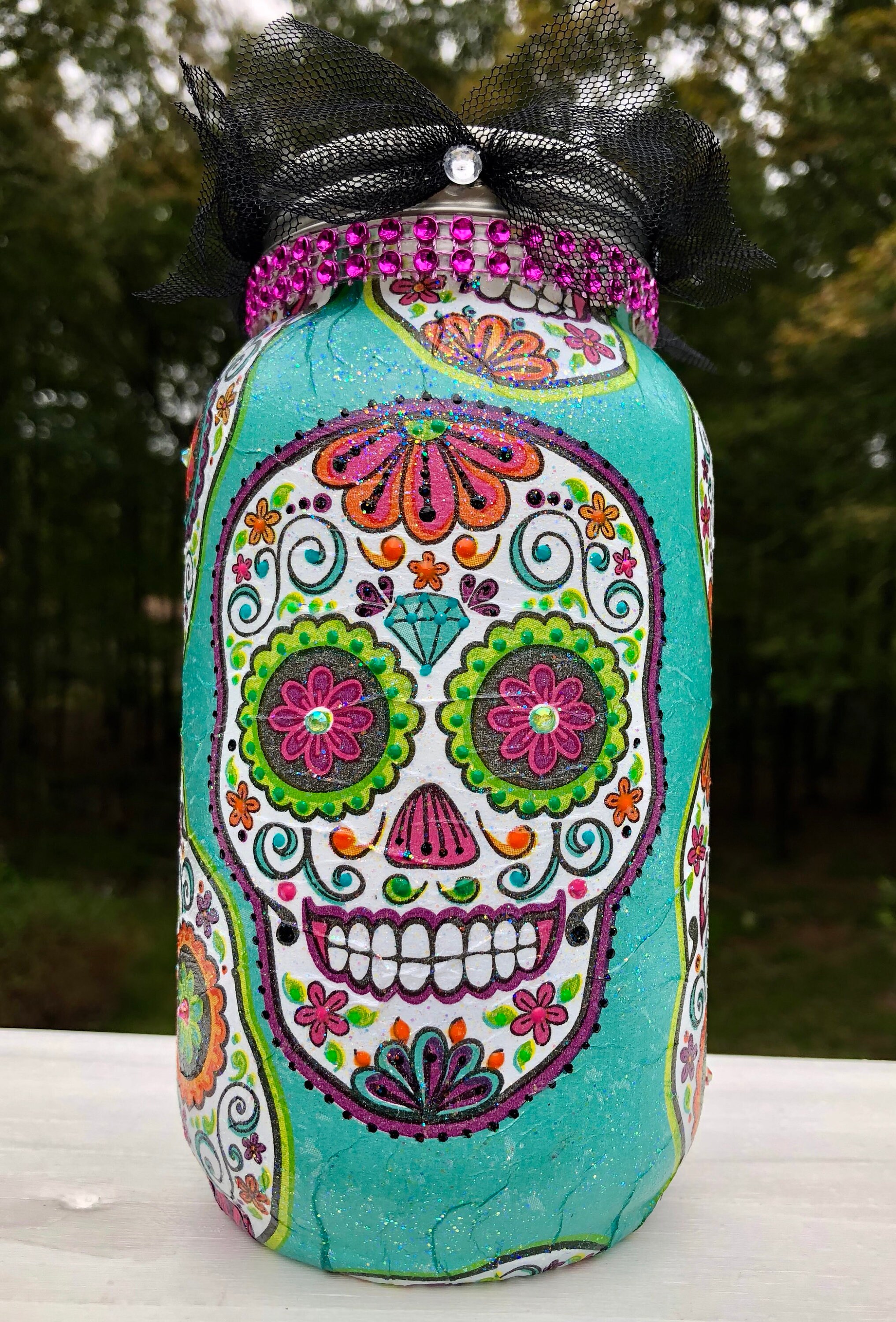 Lighted teal sugar skull jar, lighted jars, lighted bottles, sugar