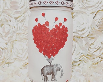 Elephant love balloons lighted jar, lighted jars, lighted bottles, valentine’s jars, elephant jar