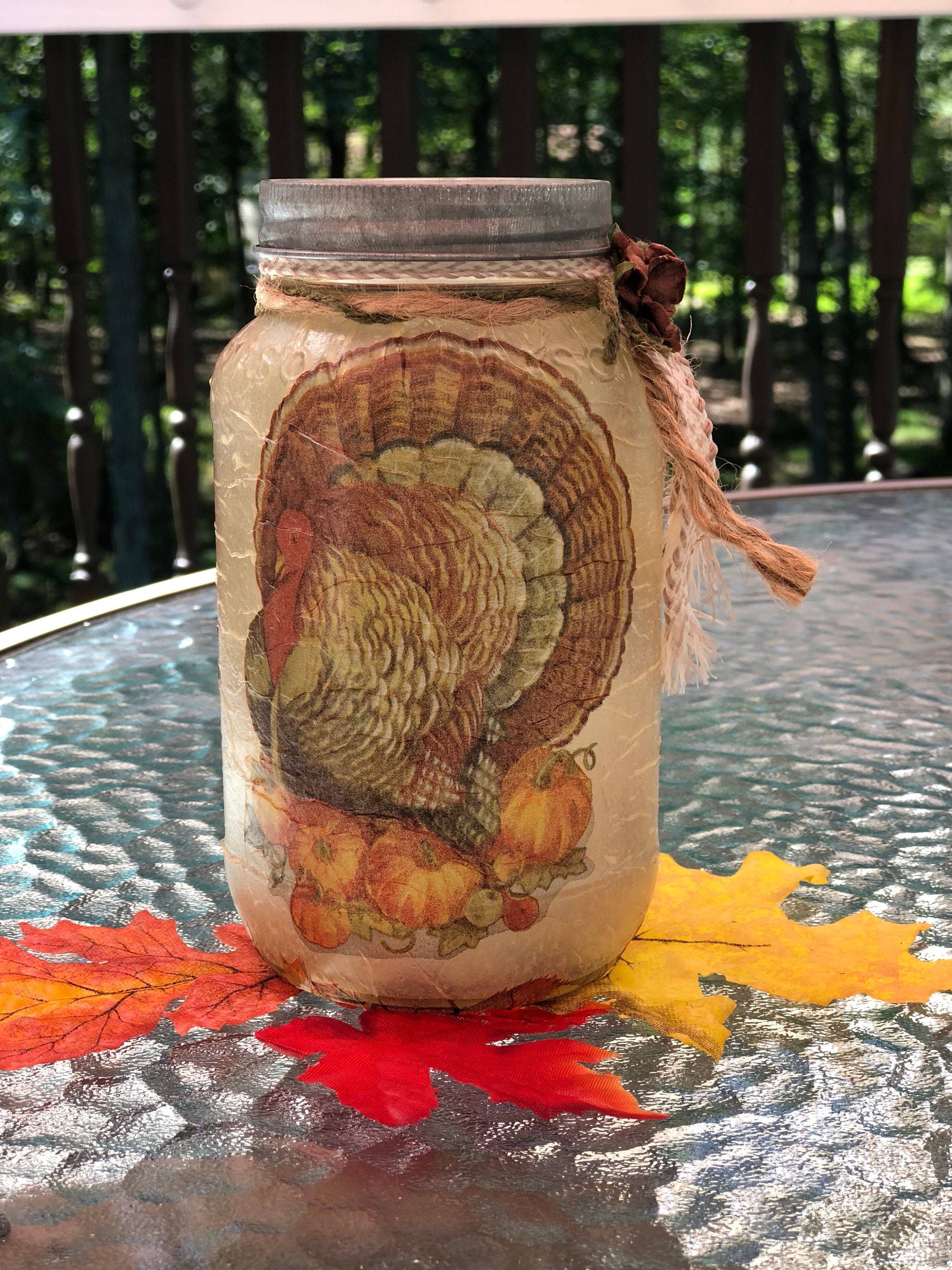 Turkey lighted jar, lighted jars, lighted bottles, Thanksgiving jars