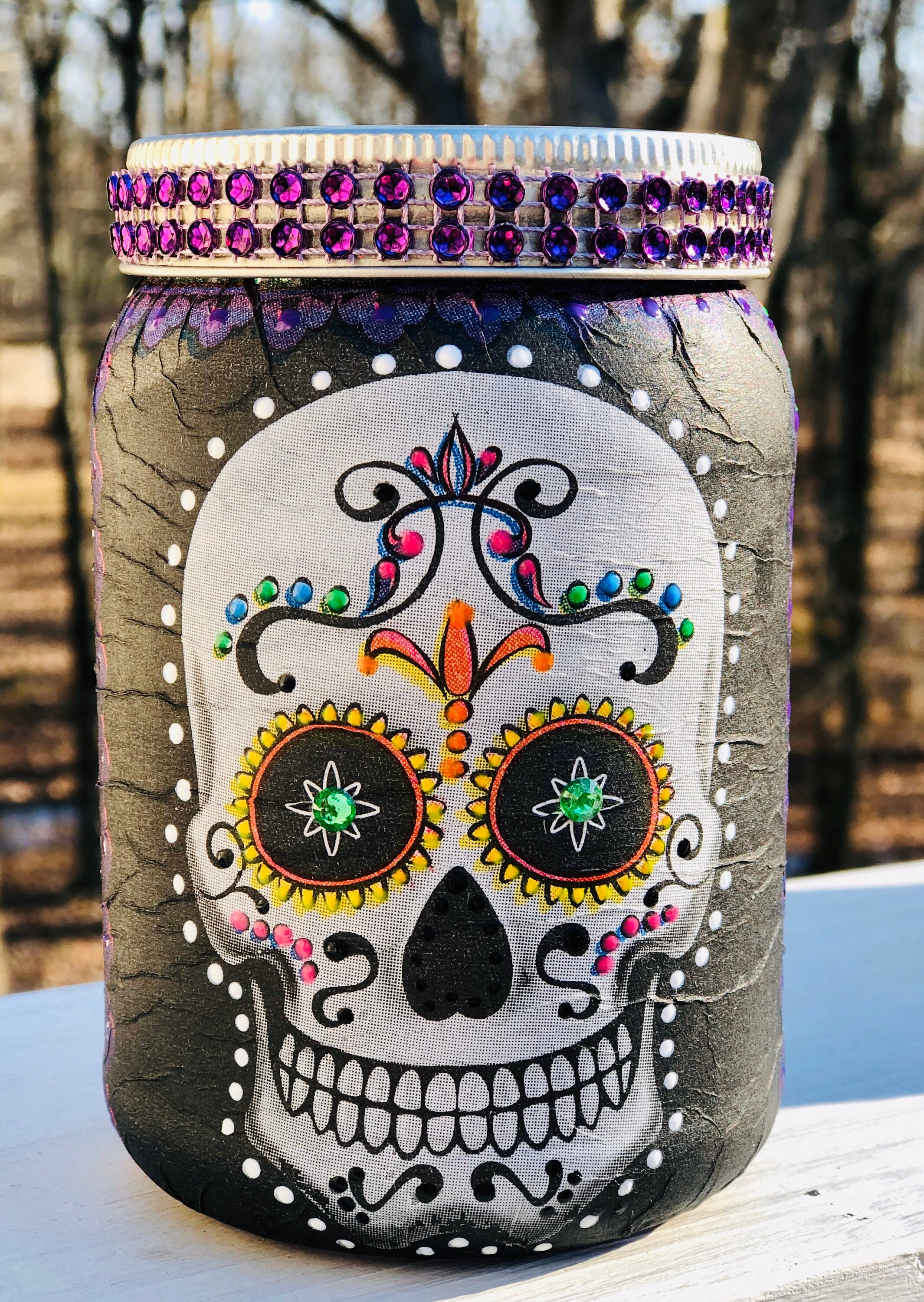 green eyed lighted sugar skull jar, lighted sugar skull jar, candy