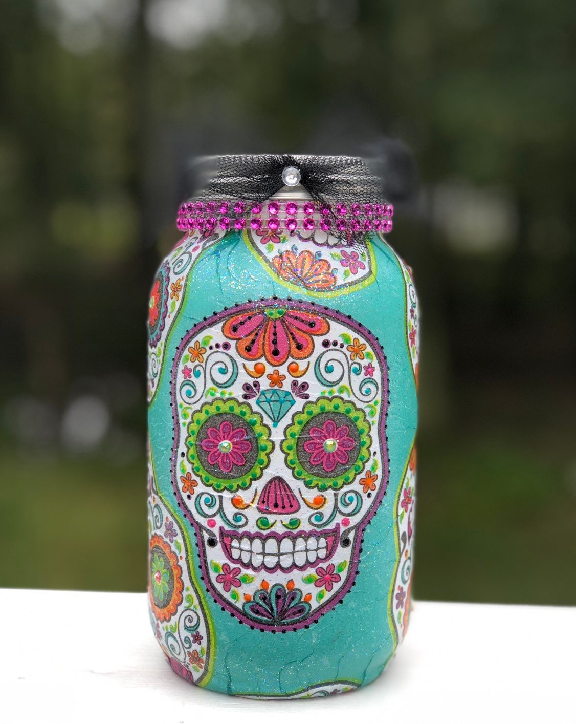 Lighted teal sugar skull jar, lighted jars, lighted bottles, sugar
