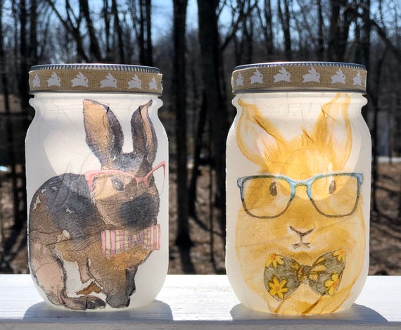 Smart lighted bunny jars, lighted jars, lighted bottles, jar lights, bunny jars, Easter jars, Easter decor