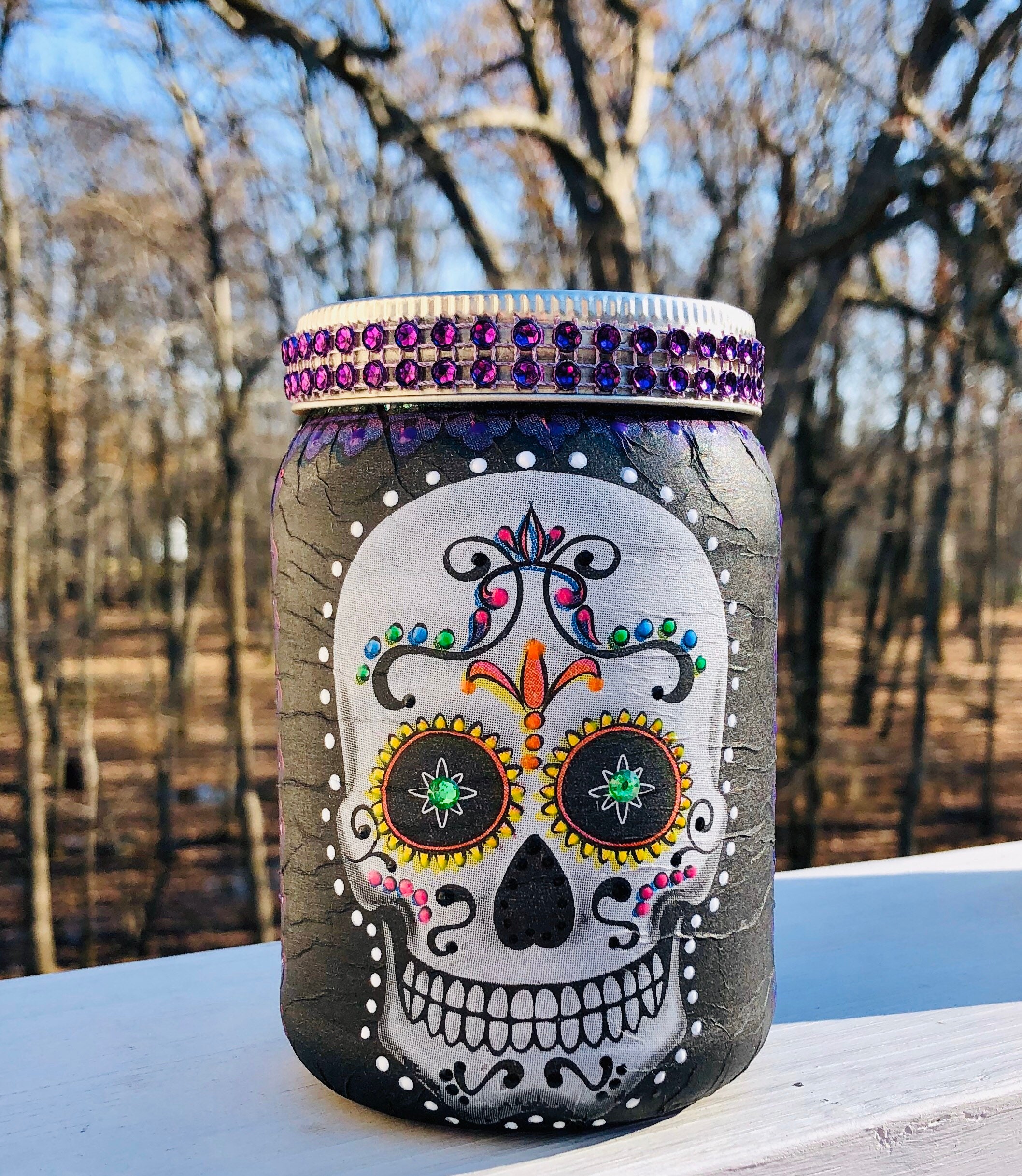 green eyed lighted sugar skull jar, lighted sugar skull jar, candy