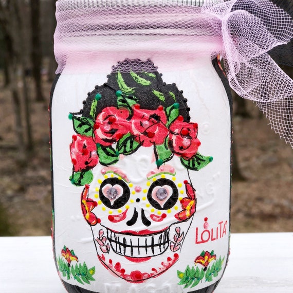 Lolita lighted jar, lighted jars, jar lights, night light, sugar skull jar, sugar skull lights, sugar skull decor