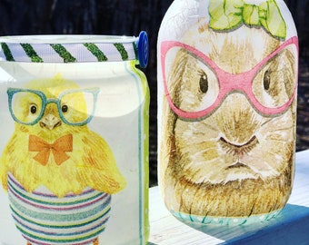 Smart bunny and chick lighted jar set, lighted jars, lighted bottles, jar lights, Easter jars
