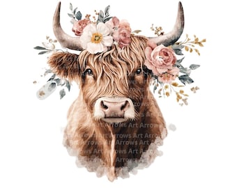 5 Highland Cows, Floral and cows, printable Watercolor Clipart, Digital Download, junk journals, cows Clipart, transparent background