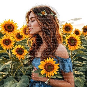 Fille dans un champ de tournesols, clipart aquarelle imprimable, téléchargement numérique, carnets de voyage, clipart fille et tournesol, fond transparent