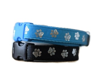 pawprint dog collar, cute dog collar, silver dog collar, boy dog collar, girl dog collar, black dog collar, blue dog collar, handmade collar