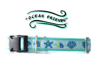 Beach dog collar, mint green dog collar, ocean dog collar, fishes dog collar, sea dog collar, dog collar with fishes, cute dog collar