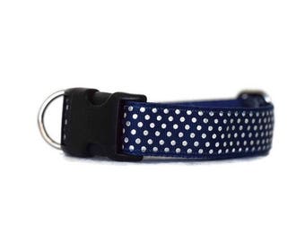 Polka dot dog collar, silver polka dot dog collar, navy blue dog collar, boy dog collar, girl dog collar, nylon dog collar, female dog
