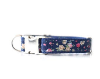 Navy floral dog collar, roses dog collar, female dog collar, flower dog collar, girl dog collar, small dog collar, medium dog collar