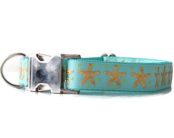 Mint dog collar, stars dog collar, golden stars dog collar, dog collar, girl dog collar, boy dog collar, fancy dog collar