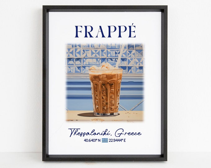 GREEK FRAPPE Poster, Thessaloniki Greece Wall Art, Culinary Print, International Cuisine Home Decor, Traditional Food, Gourmet Foodie Gift