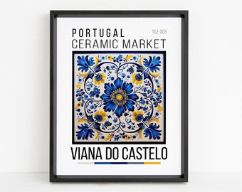 Viana do Castelo Portugal CERAMIC MARKET Poster, Viana Do Castelo Tile Art, Portuguese Wall Art, Tile Illustration, Illustration Wall Art