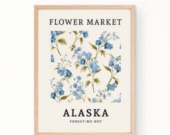 ALASKA FLOWER MARKET Poster, Floral Wall Art, Feminine Art, State Flower Print, Forget-me-not Flower Blooms, Botanical Print, State Flower