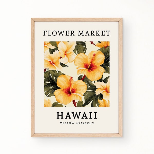 HAWAII FLOWER MARKET Poster, Yellow Hibiscus Flower Blooms, State Flower Print, Botanical Print, Floral Wall Art, Hibiscus State Flower