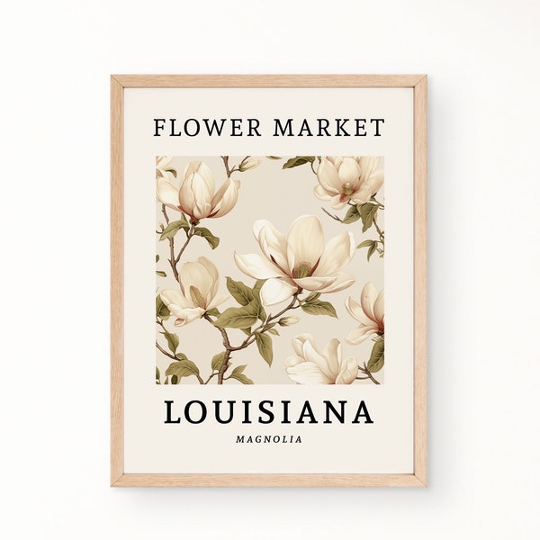 LOUISIANA FLOWER MARKET Poster, Magnolia Blossoms, Blooms, Flower Blossom, State Flower Print, Botanical Print, Floral, Botanical Wall Art