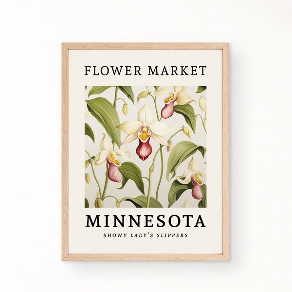 MINNESOTA FLOWER MARKET Poster, State Flower Wall Art, Showy Lady's Slipper Blooms, Pink-and-White, Queen's Orchid, Botanical Wall Art