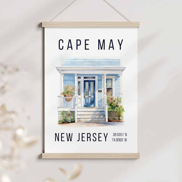 Cape May New Jersey USA Doorway Poster, Watercolor Entrance Door Print, Entryway Aesthetic Wall Art, Coastal Porch Artwork, Blue White Decor