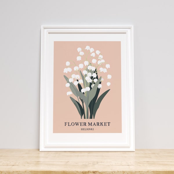 HELSINKI FLOWER MARKET Poster, Floral Wall Art, Minimalist Illustration, Feminine Bouquet Wall Art, Finland Print, Lily of the Valley