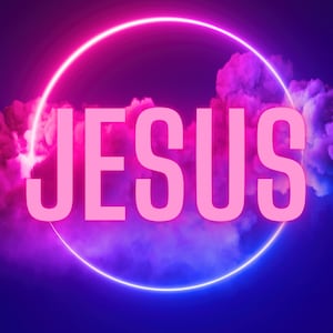 May include: A pink neon circle with the word "JESUS" in the center, surrounded by pink and blue clouds against a dark blue background.