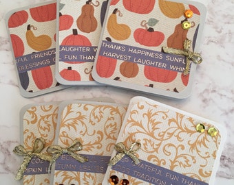 Fall 3x3 Mini Cards - Set of 6, Pumpkins and Damask, Foil, Blank Inside