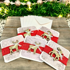 Handmade Holiday 3x3 Mini Cards; Set of 5 Blank w/Envelopes; Embellished Cards; Greeting Card Set