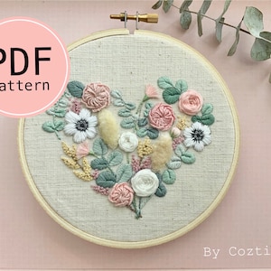 Heart Flower embroidery pattern, Valentine embroidery, Spring flower embroidery, Floral embroidery pattern image 1