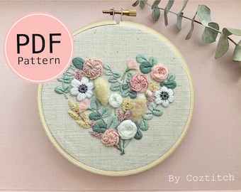 Heart Flower embroidery pattern,  Valentine embroidery, Spring flower embroidery,  Floral embroidery pattern