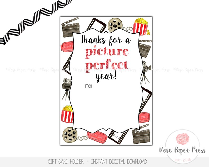 End of School Thanks for a Picture Perfect Year Movie Gift Tag End of Year Teacher Gift Teacher Appreciation Movie Gift Card Holder