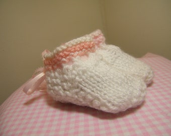 knit/ crochet               booties  white w/pink trim, blue, multi stripe baby booties 0-3 mos    NEW ITEM!!!!!!!