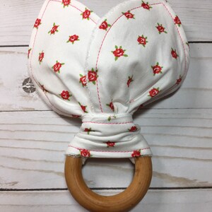 Shabby Chic Teether/Roses/Flowers/Organic Maple Wood Teether/Crinkle Teether/Sensory Toy/Baby Gift/Baby Accessory