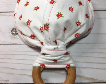 Shabby Chic Teether/Roses/Flowers/Organic Maple Wood Teether/Crinkle Teether/Sensory Toy/Baby Gift/Baby Accessory