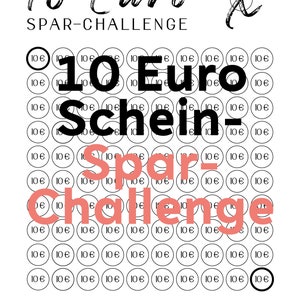 Könnte beinhalten: Eine schwarz-weiße Grafik mit dem Text "10 Euro Schein-Spar-Challenge" und einem Raster aus 100 Kreisen, die jeweils den Text "10 Euro" enthalten. Der Text "1.000 Euro" befindet sich am unteren Rand der Grafik.