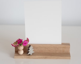 Holz Deko Karten- oder Fotoständer mit Mini-Blumenvase und Weihnachtsbaum
